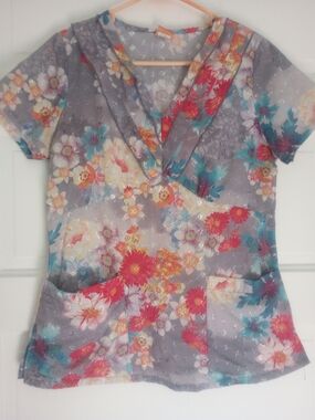 Barco Uniforms Floral V-Neck Scrubs Top in Gray with Pink & Teal Accents